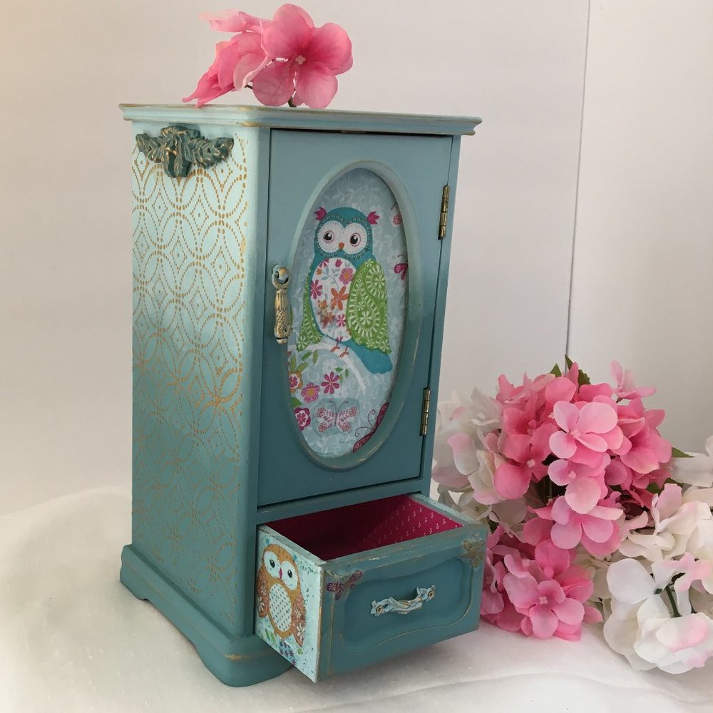 Vintage Wood Jewelry Box Refinished Owl Aqua Gold
